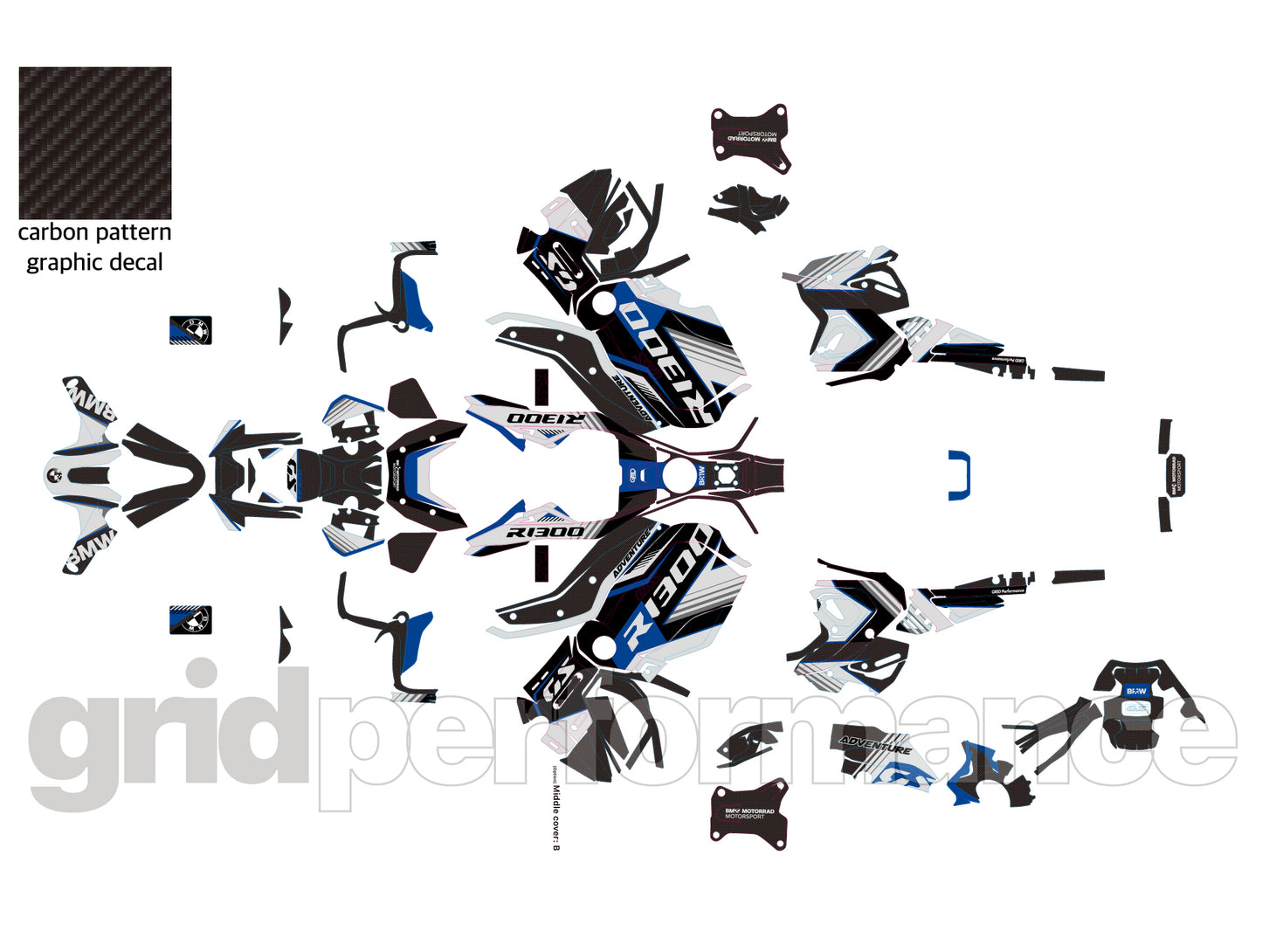 BMW R1300GS ADV Adventure Graphic Decal Sticker Kit (10-2.BW B Carbon)