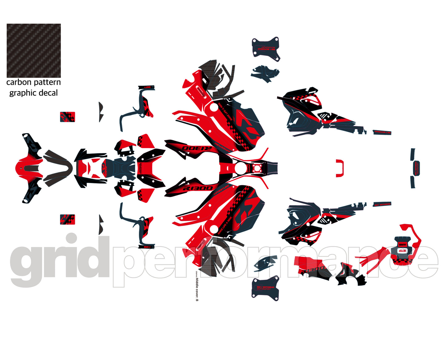 BMW R1300GS ADV Adventure Graphic Decal Sticker Kit (13-1.CHKRD Red BB Carbon)