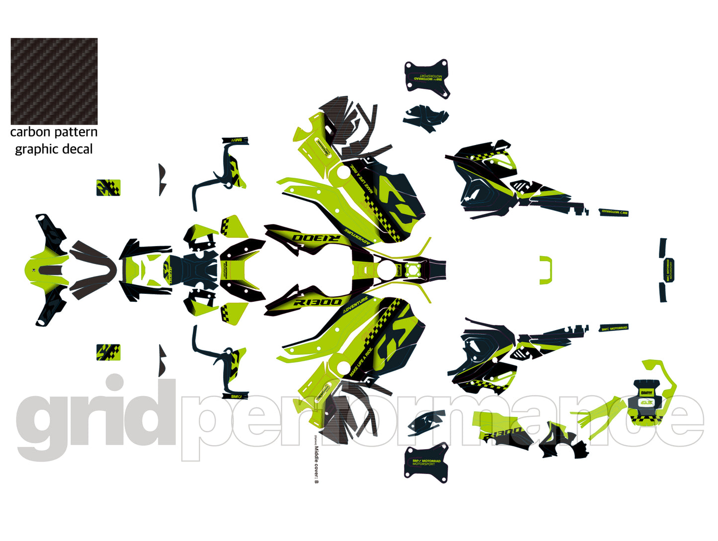 BMW R1300GS ADV Adventure Graphic Decal Sticker Kit (13-2.CHKRD Green BB Carbon)