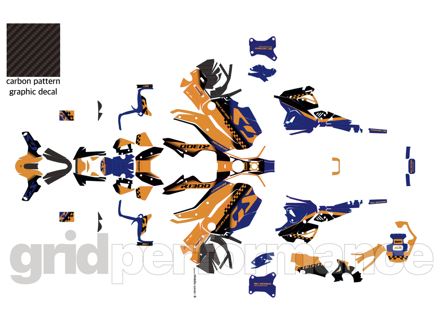 BMW R1300GS ADV Adventure Graphic Decal Sticker Kit (13-3.CHKRD YO BB Carbon)