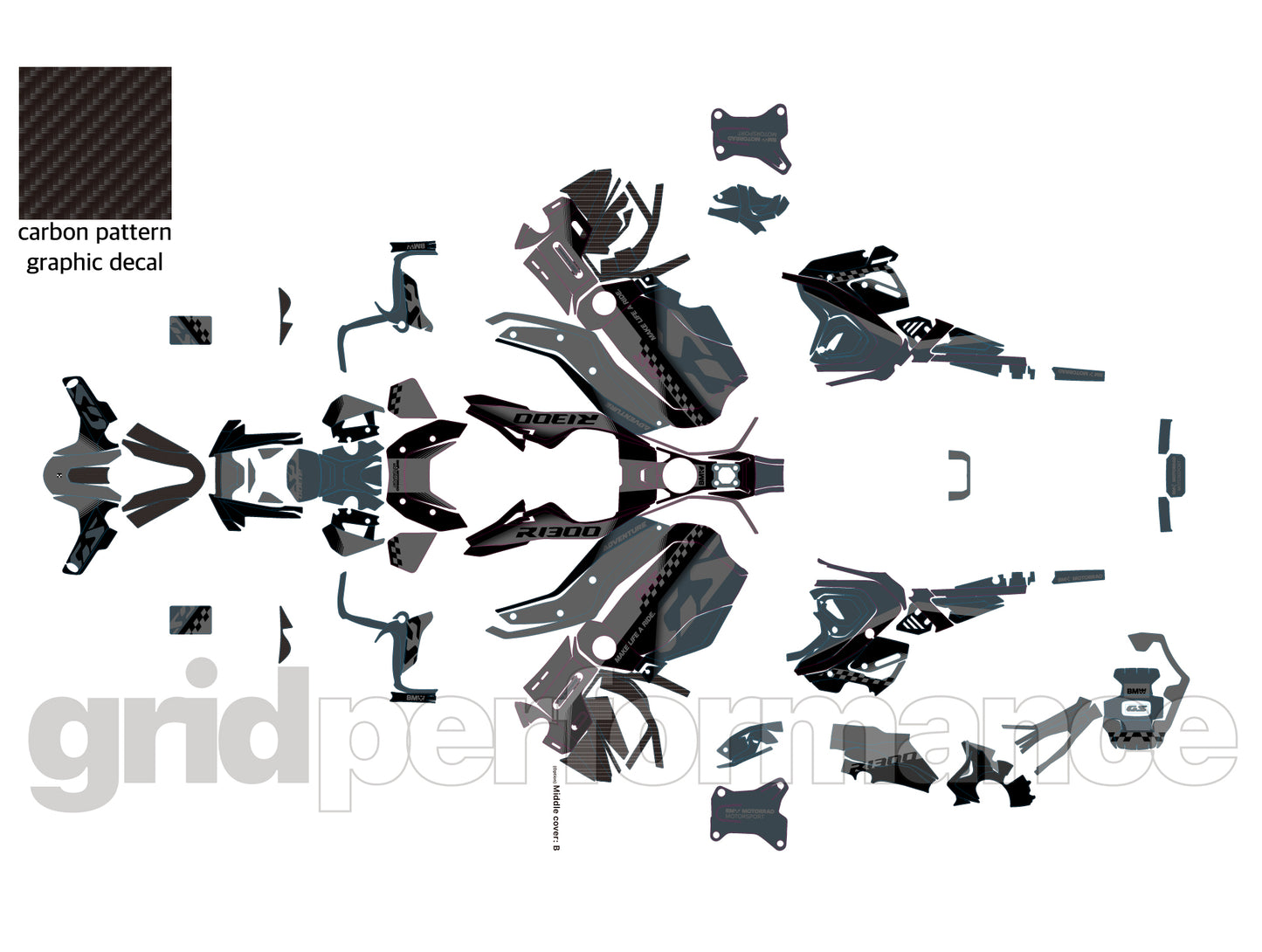 BMW R1300GS ADV Adventure Graphic Decal Sticker Kit (13-5.CHKRD GB BB Carbon)