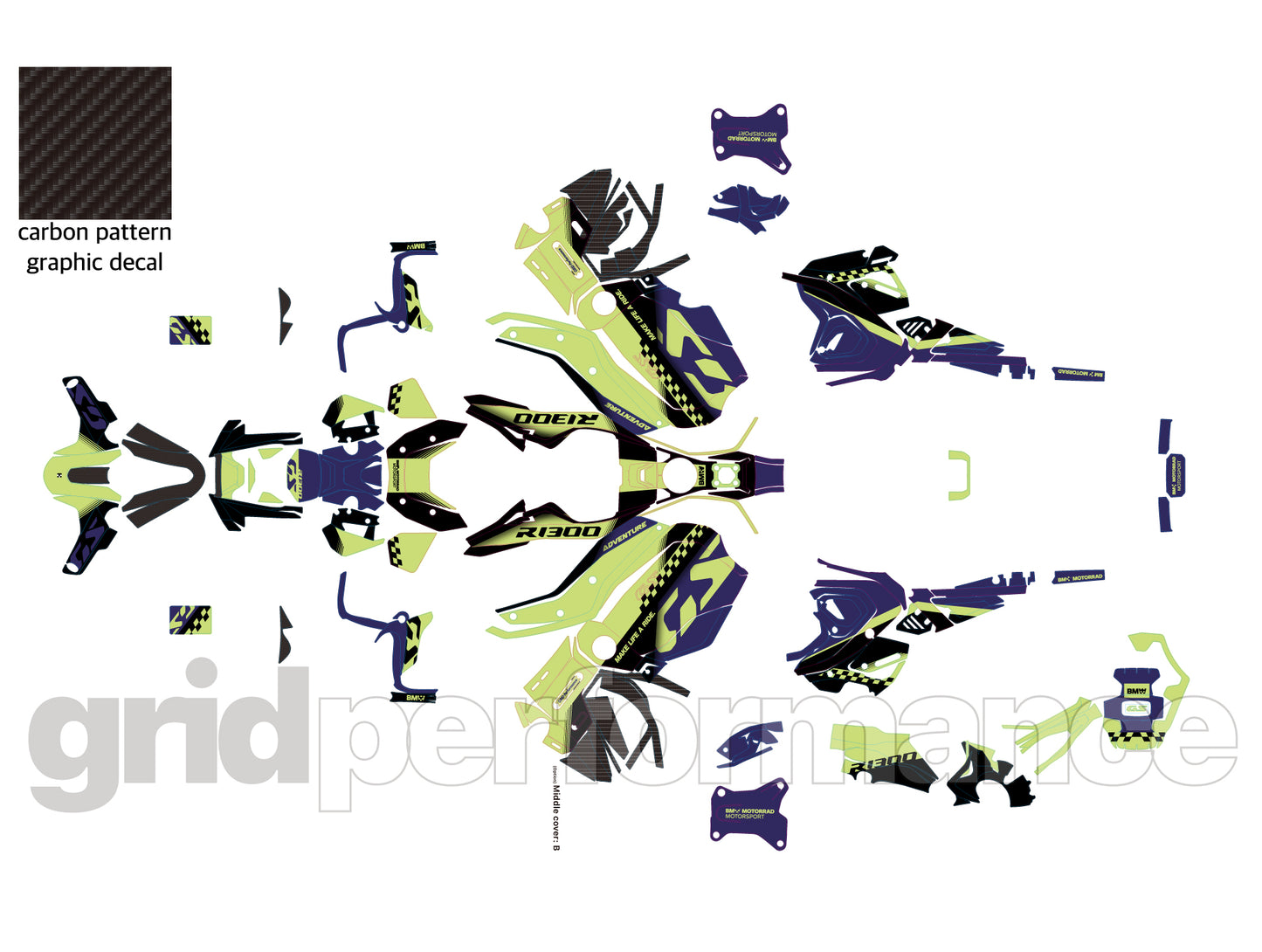 BMW R1300GS ADV Adventure Graphic Decal Sticker Kit (13-6.CHKRD YGB BB Carbon)