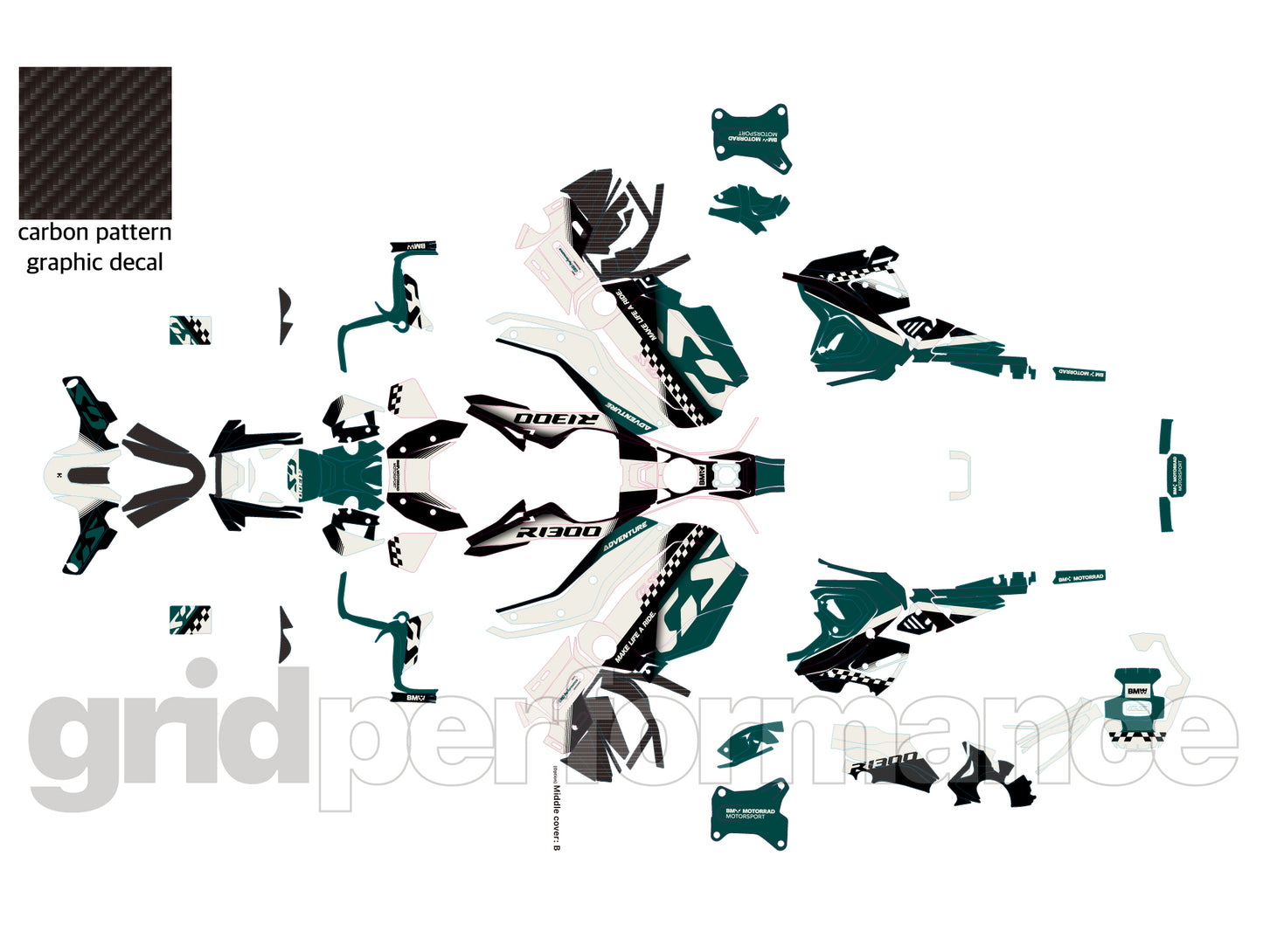 BMW R1300GS ADV Adventure Graphic Decal Sticker Kit (13-8.CHKRD BG BB Carbon)
